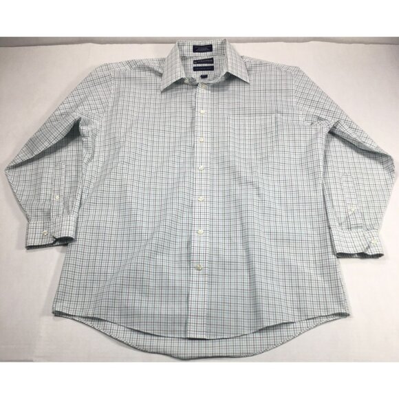 Stafford Essentials Broadcloth Shirt Size 16.5 32-33 Blue & White Check Pattern - Picture 1 of 10